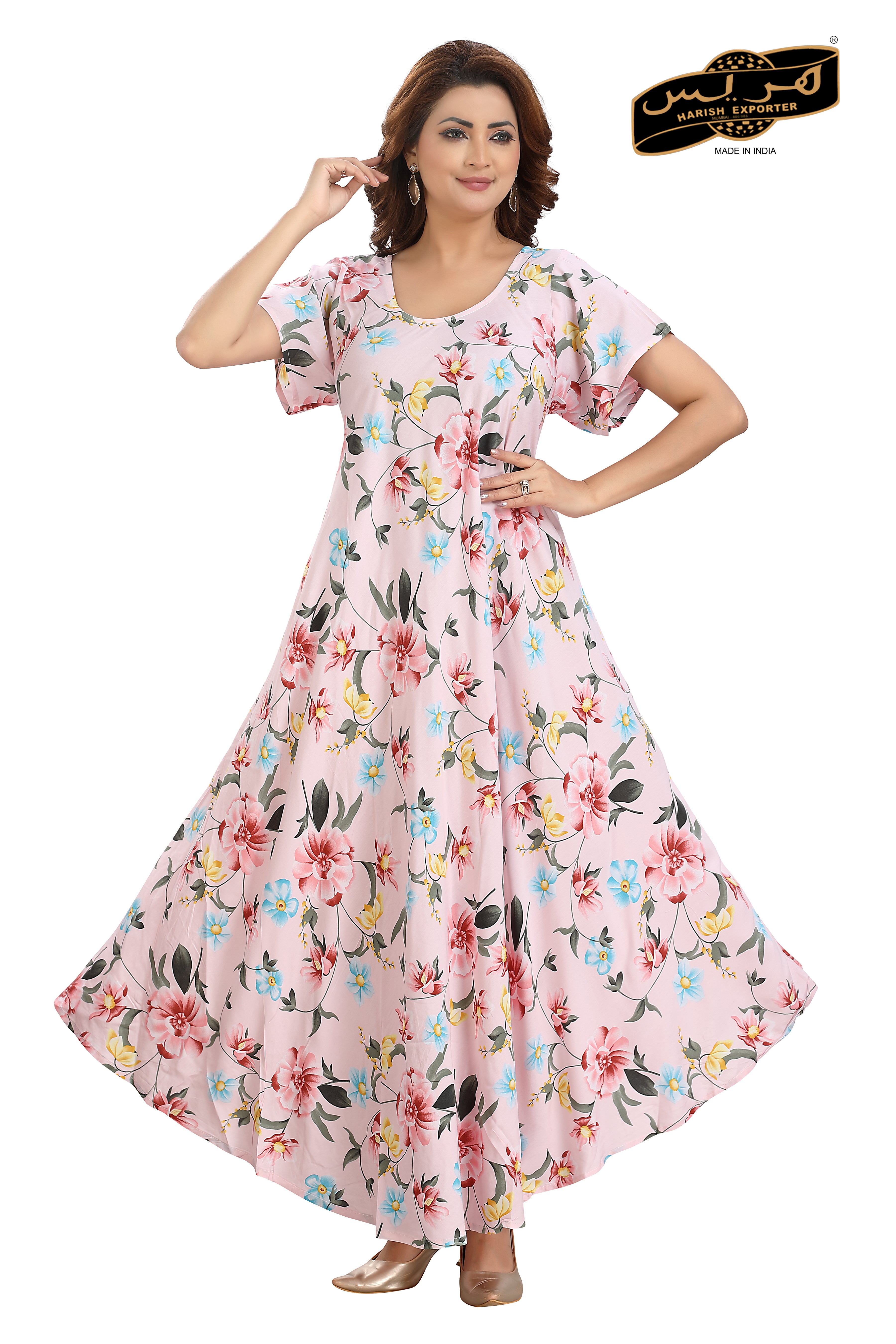 Cotton Pink Floral Printed Half Sleeve Midi Dress - Charming & Elegant SH-103-01