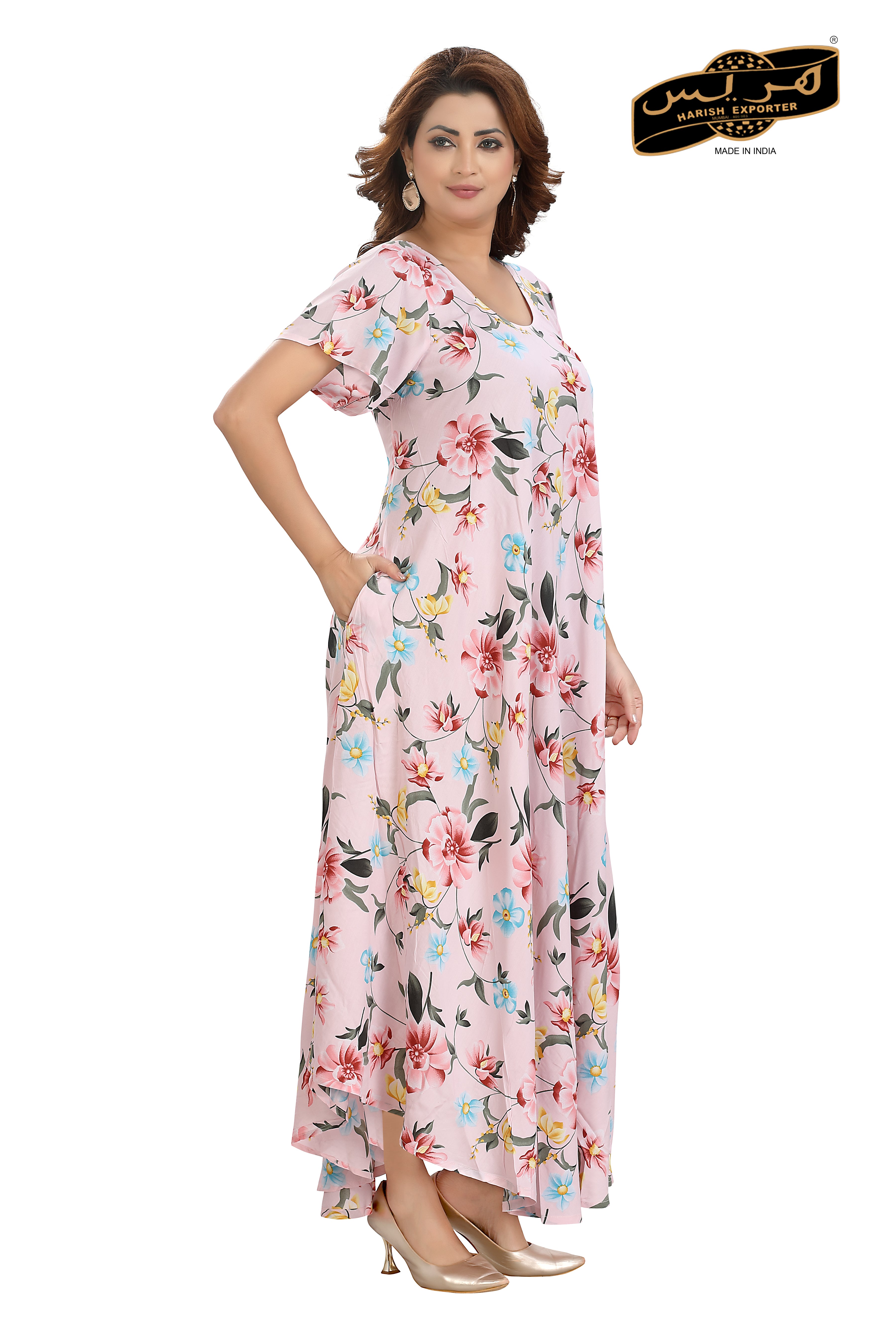 Cotton Pink Floral Printed Half Sleeve Midi Dress - Charming & Elegant SH-103-01