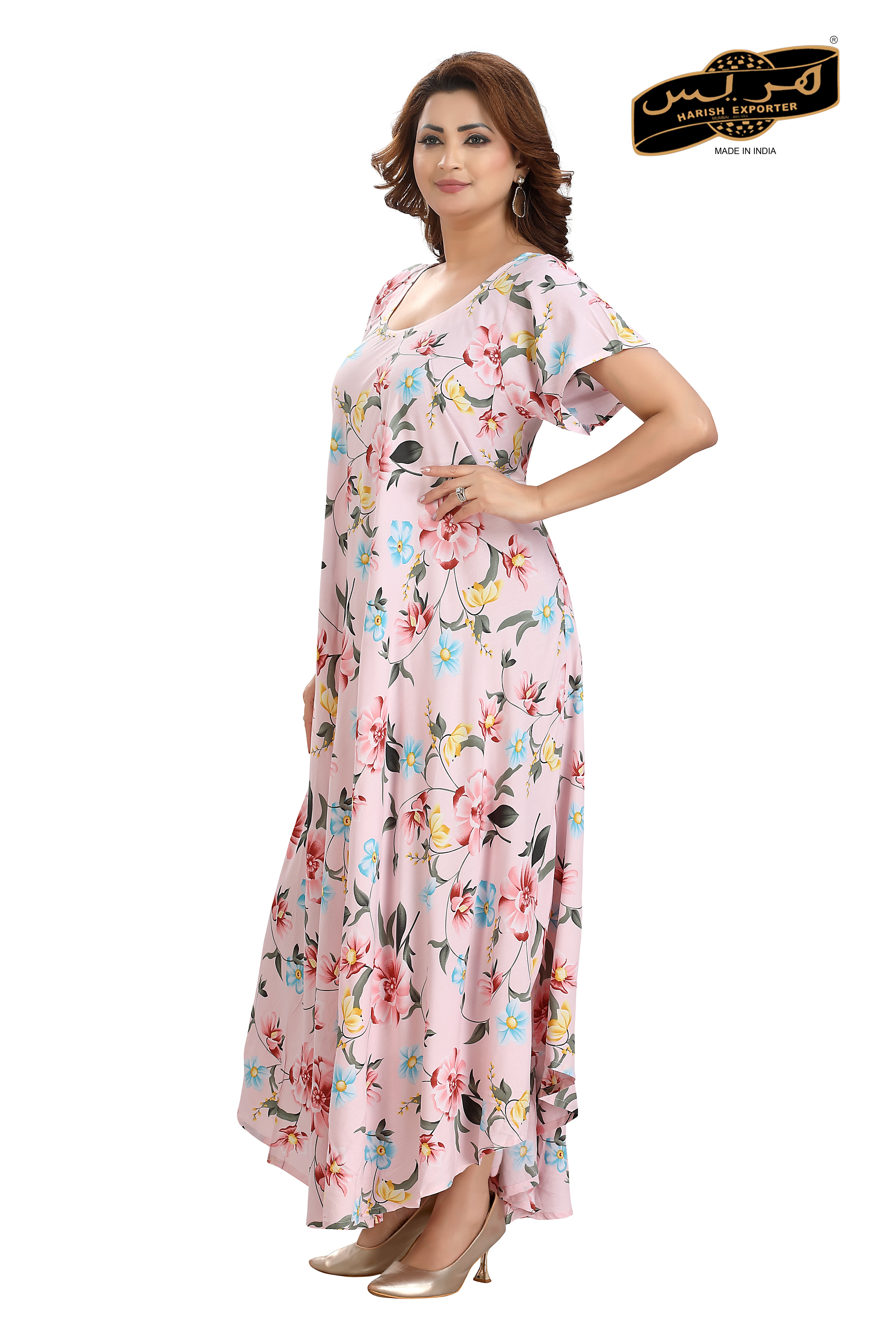 Cotton Pink Floral Printed Half Sleeve Midi Dress - Charming & Elegant SH-103-01