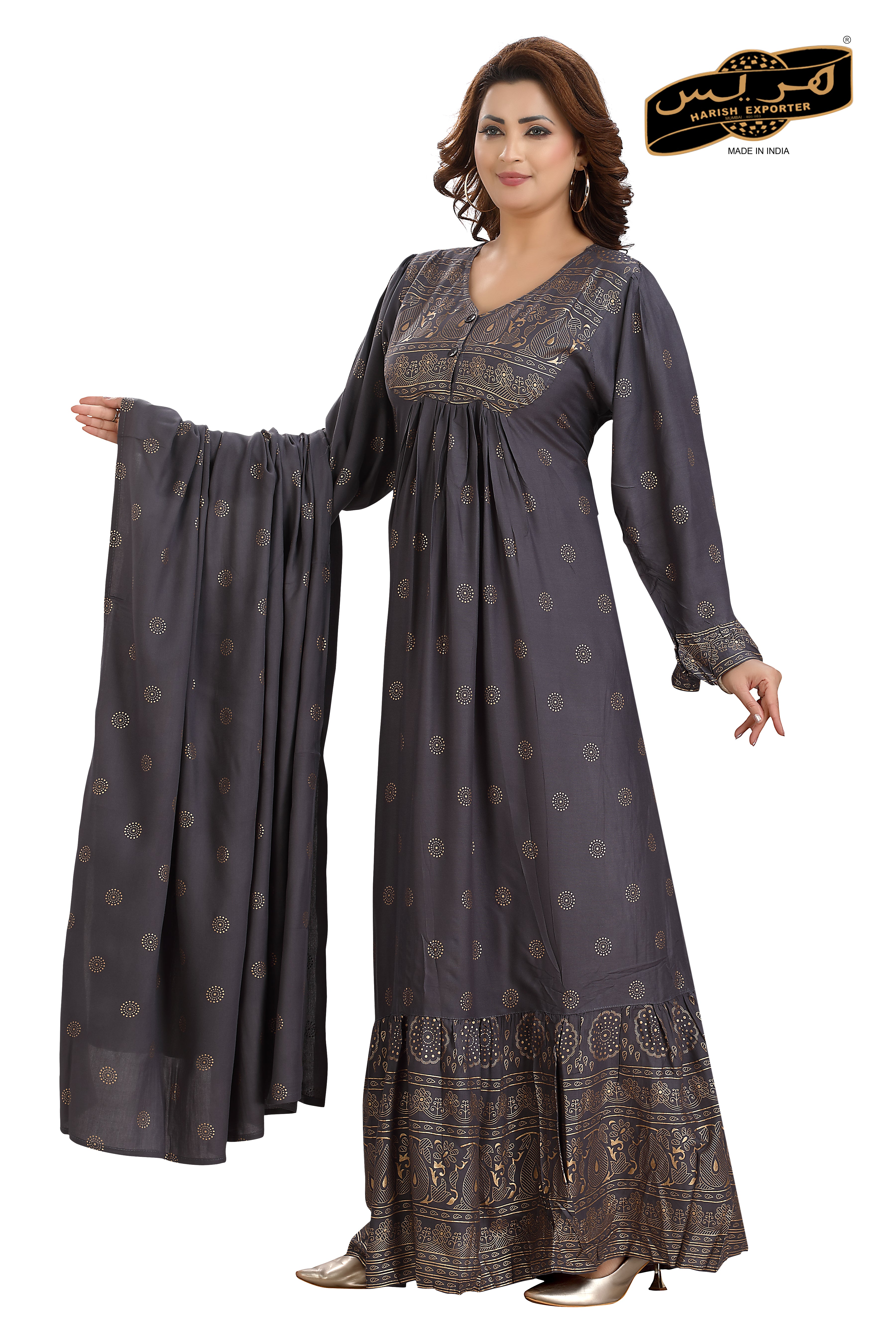 Cotton Dark Grey Cotton Embroidered Kaftan - Elegant & Comfortable SH-251