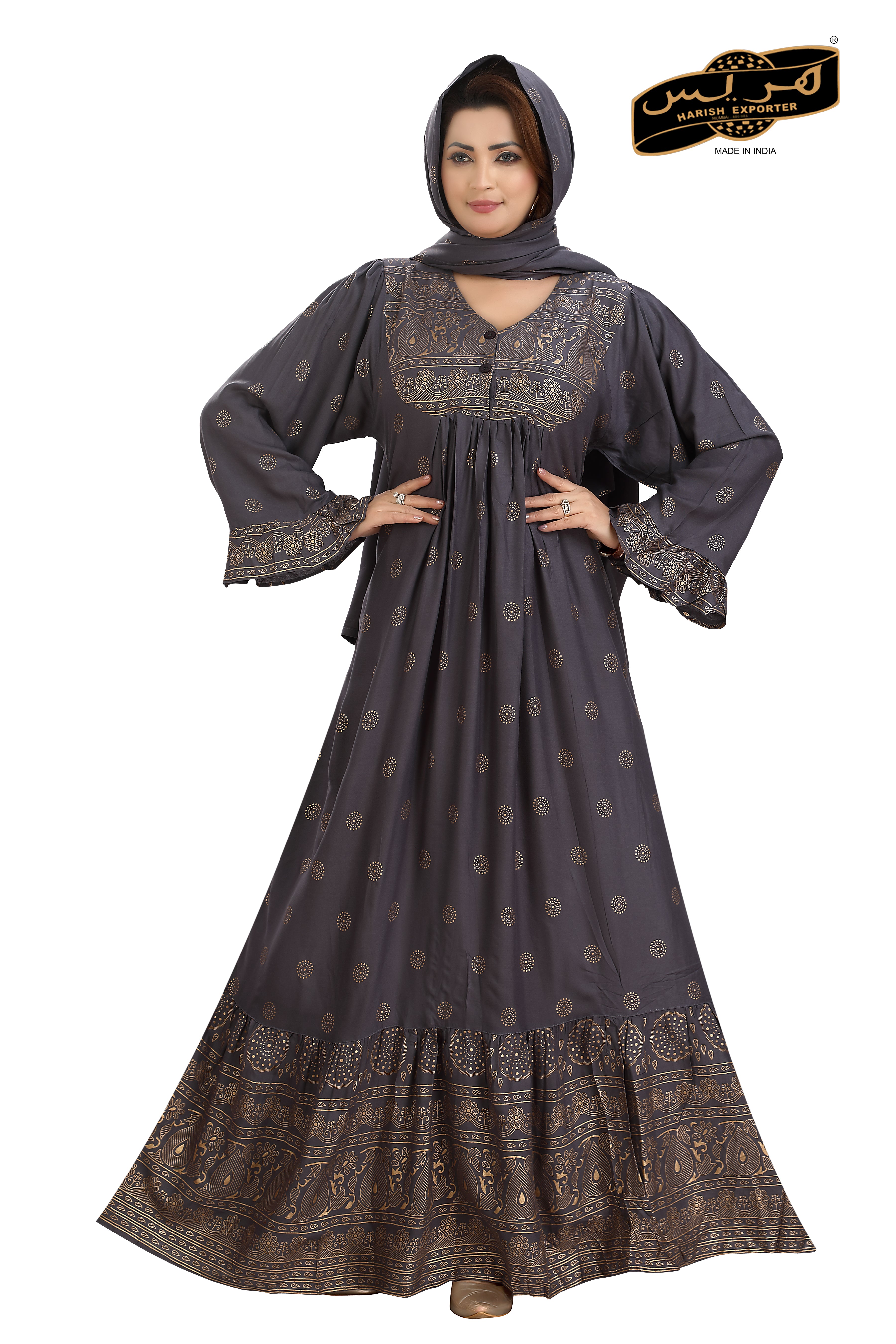 Cotton Dark Grey Cotton Embroidered Kaftan - Elegant & Comfortable SH-251