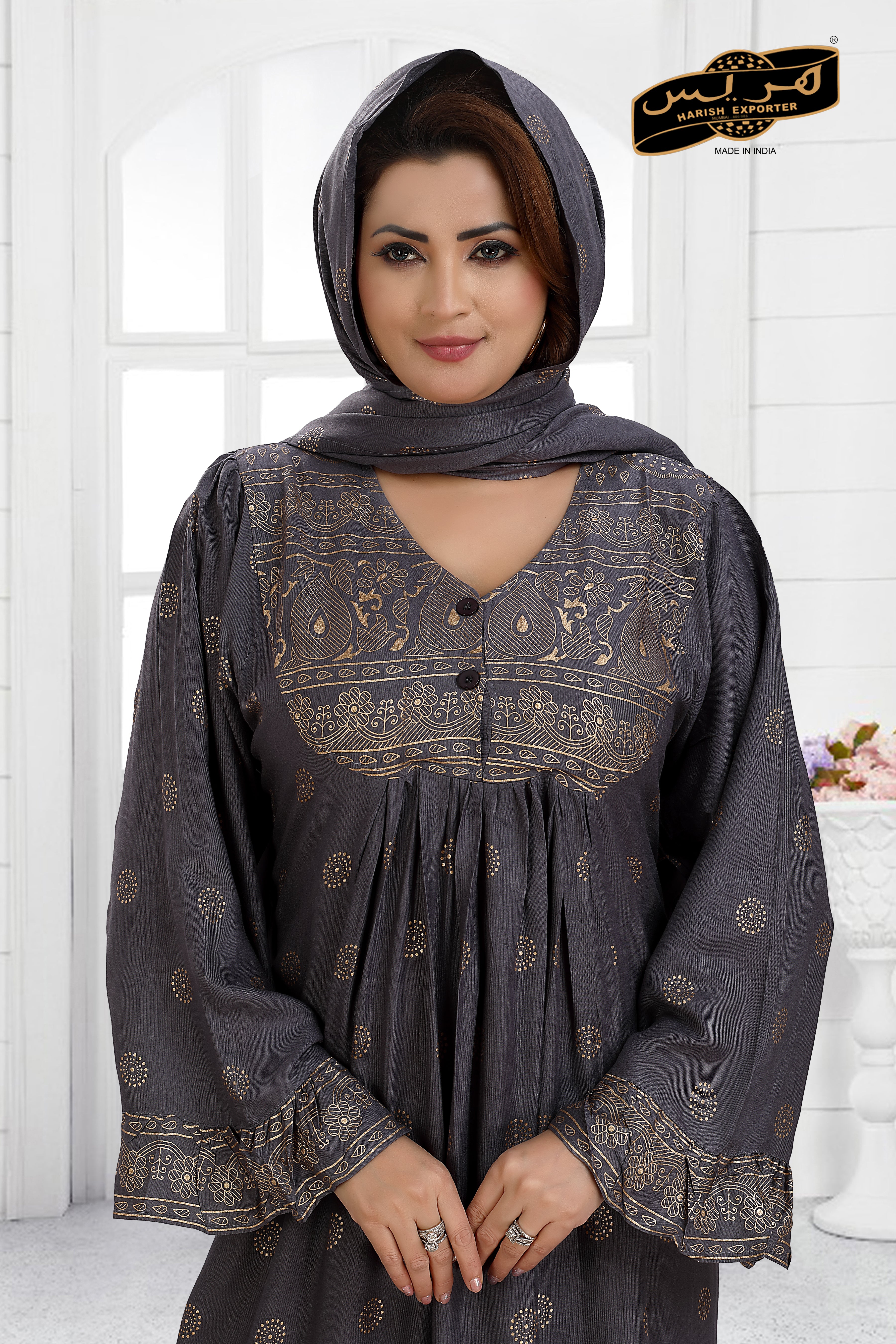 Cotton Dark Grey Cotton Embroidered Kaftan - Elegant & Comfortable SH-251