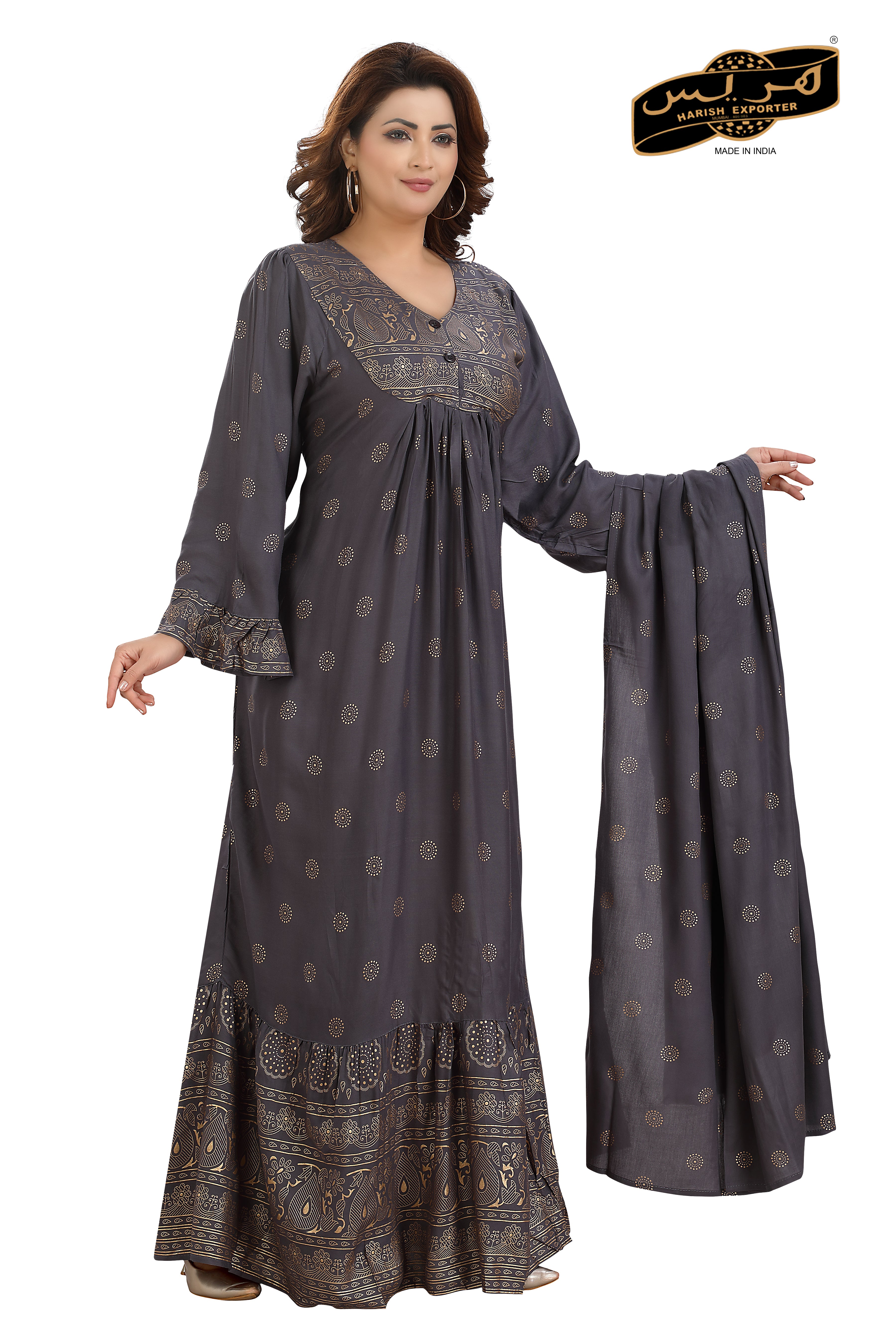 Cotton Dark Grey Cotton Embroidered Kaftan - Elegant & Comfortable SH-251
