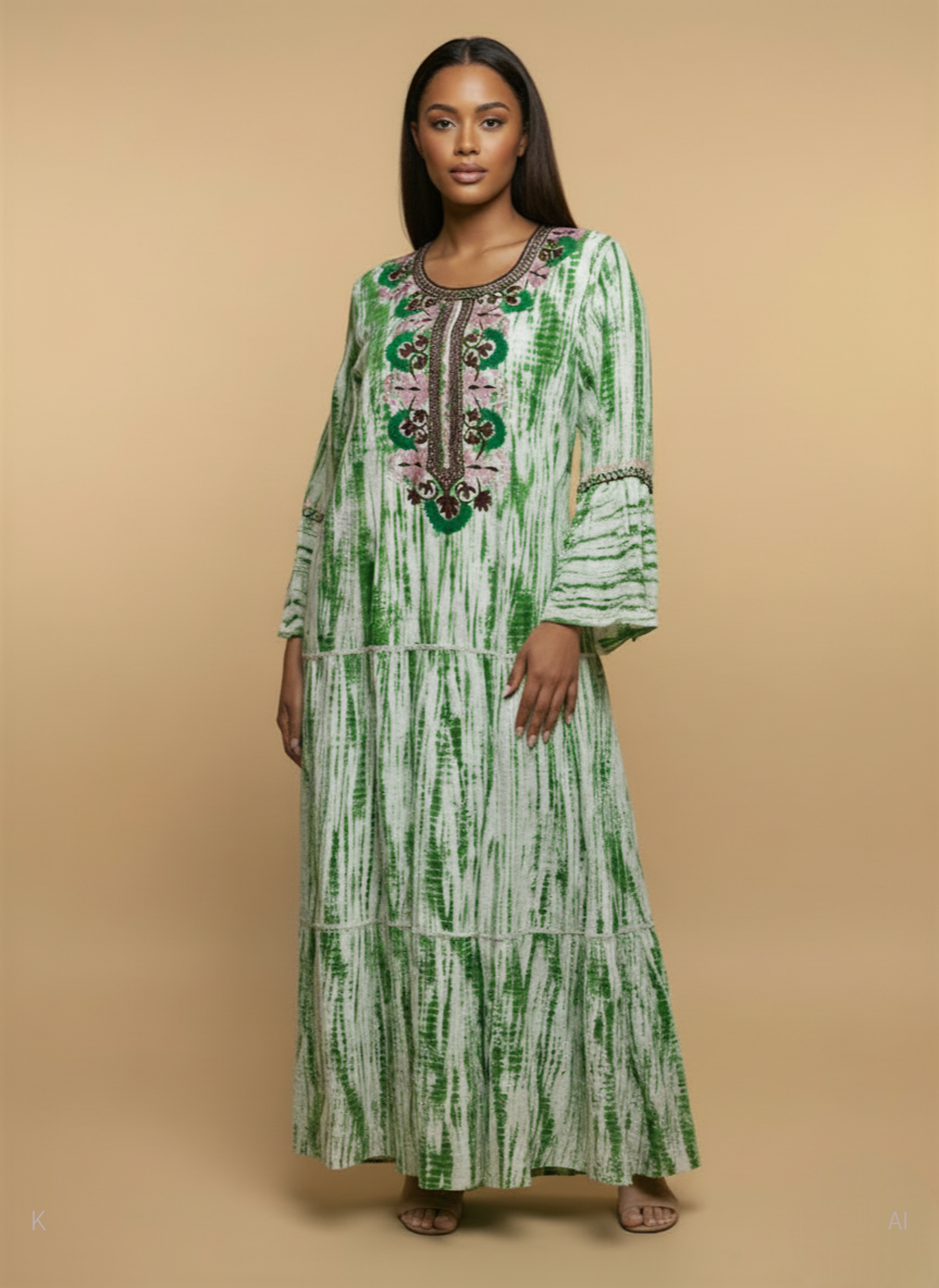 Tie-Dye Green & White Cotton Kaftan With Embroidered PS-400 DP