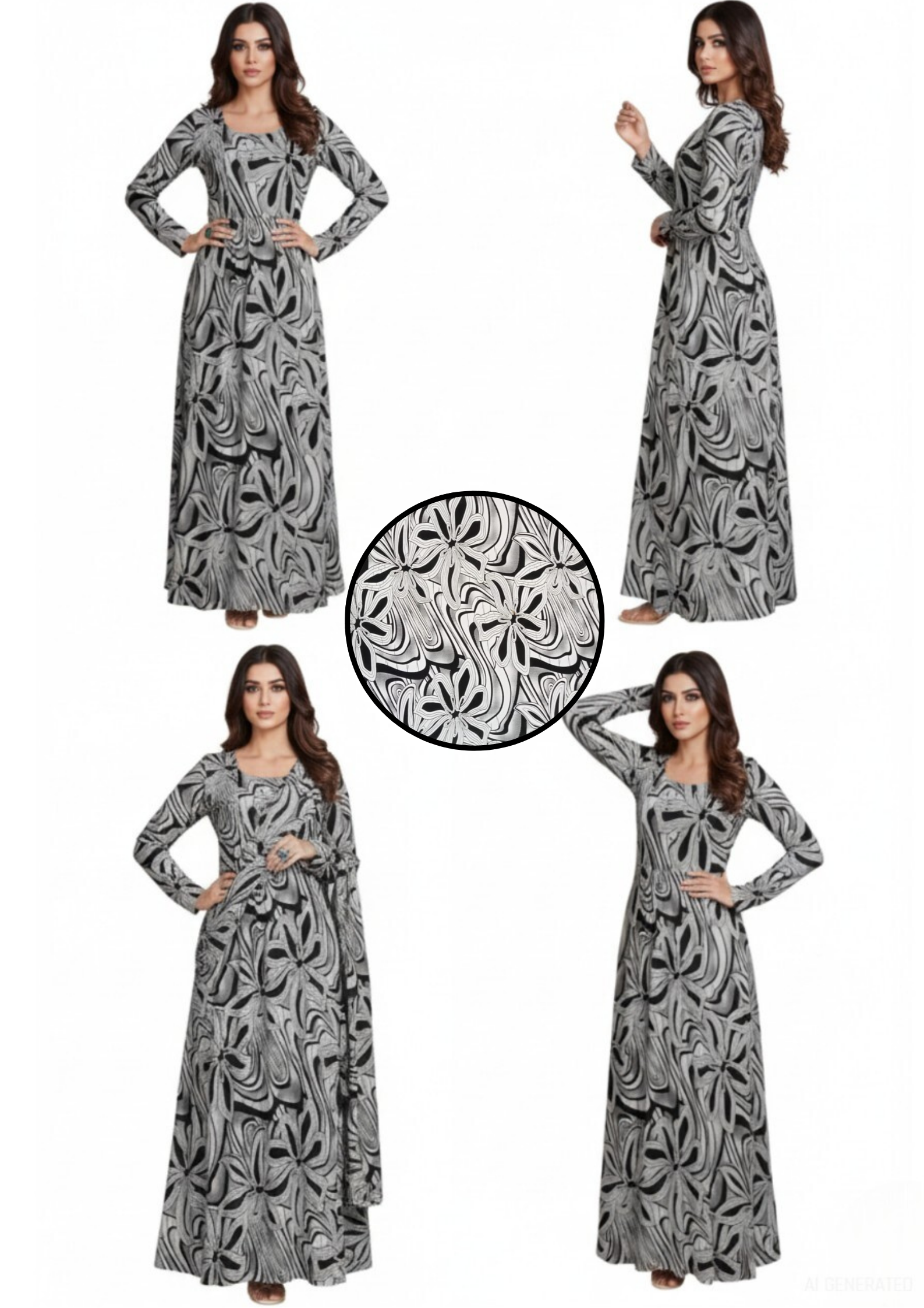 Black & White Abstract Floral Print Cotton Fabric With Dupatta