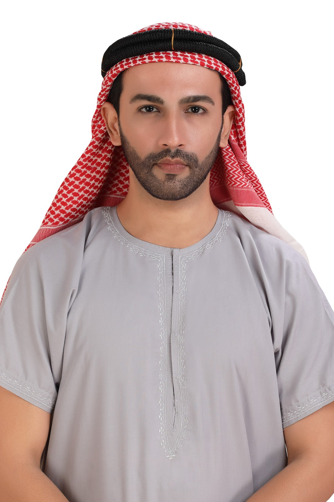 Red and White Saudi Headwear – Classic Ghutra / Shmagh with Traditional Embroidery