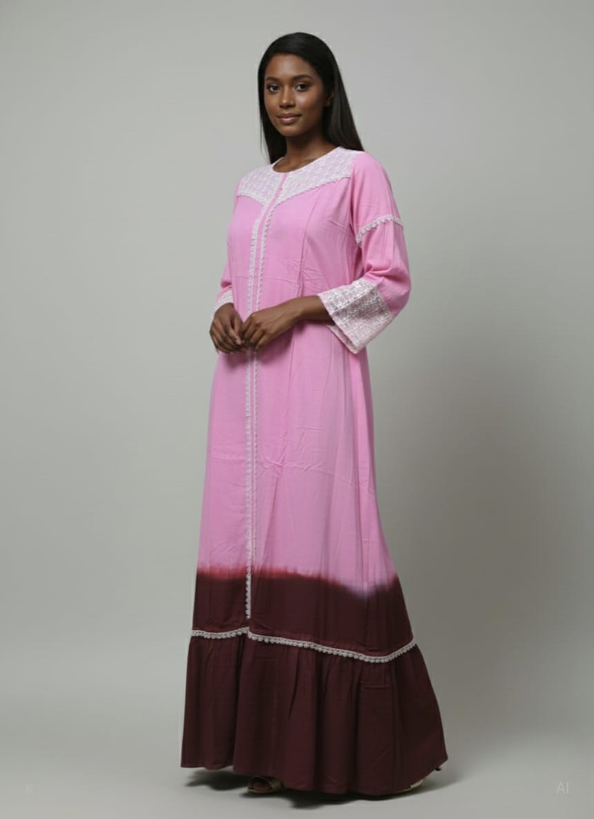 Pink & Brown Rayon Kaftan with Lace-Embroidered MF-2460 DP