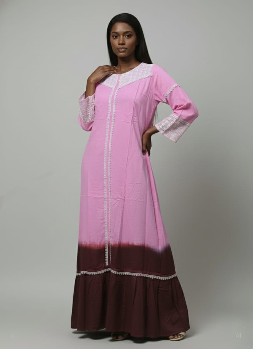 Pink & Brown Rayon Kaftan with Lace-Embroidered MF-2460 DP