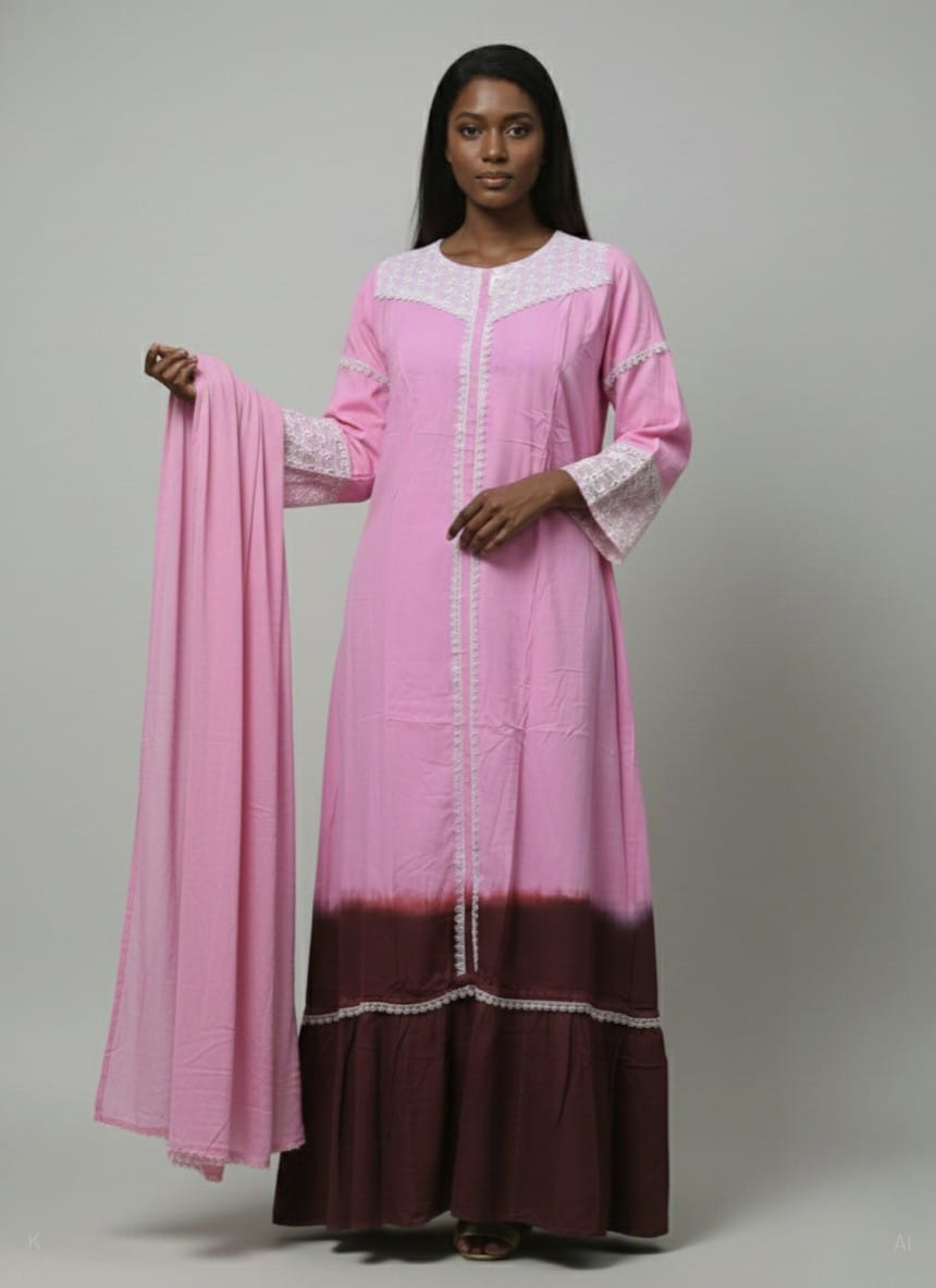 Pink & Brown Rayon Kaftan with Lace-Embroidered MF-2460 DP