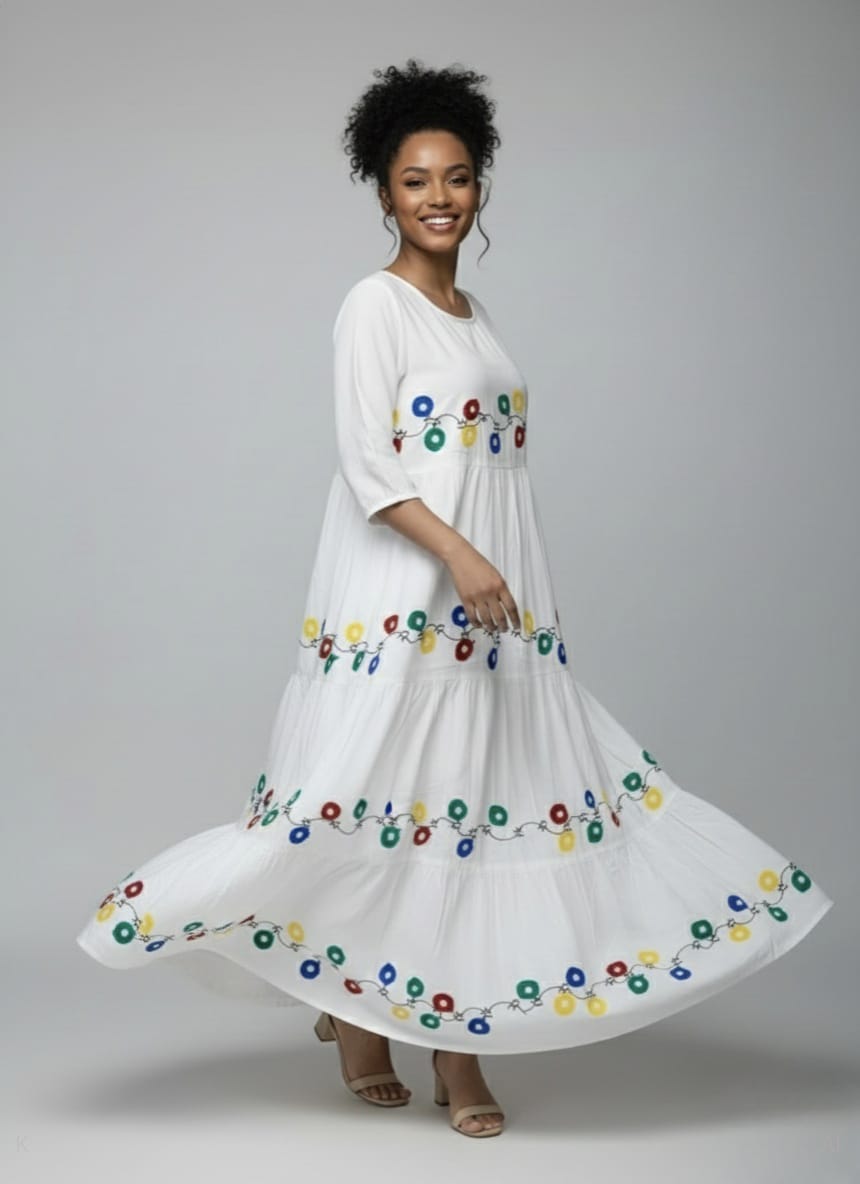 White Cotton Kaftan With Multicolor Floral Printed MF-2182 DP