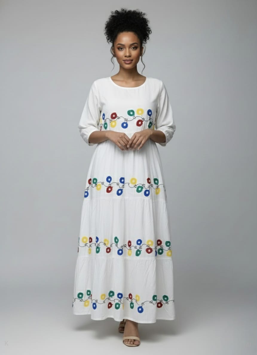 White Cotton Kaftan With Multicolor Floral Printed MF-2182 DP