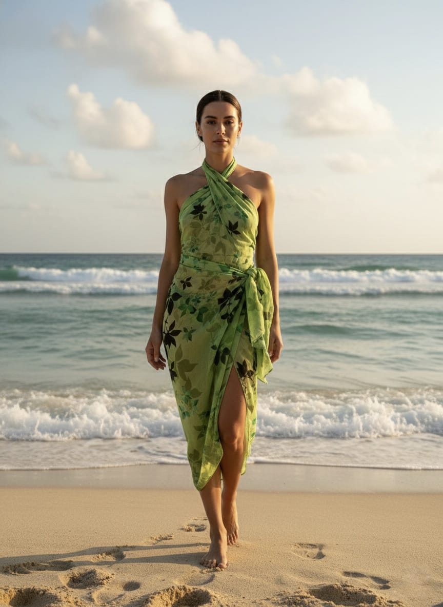 Green Leaf Print Cotton Beach Sarong