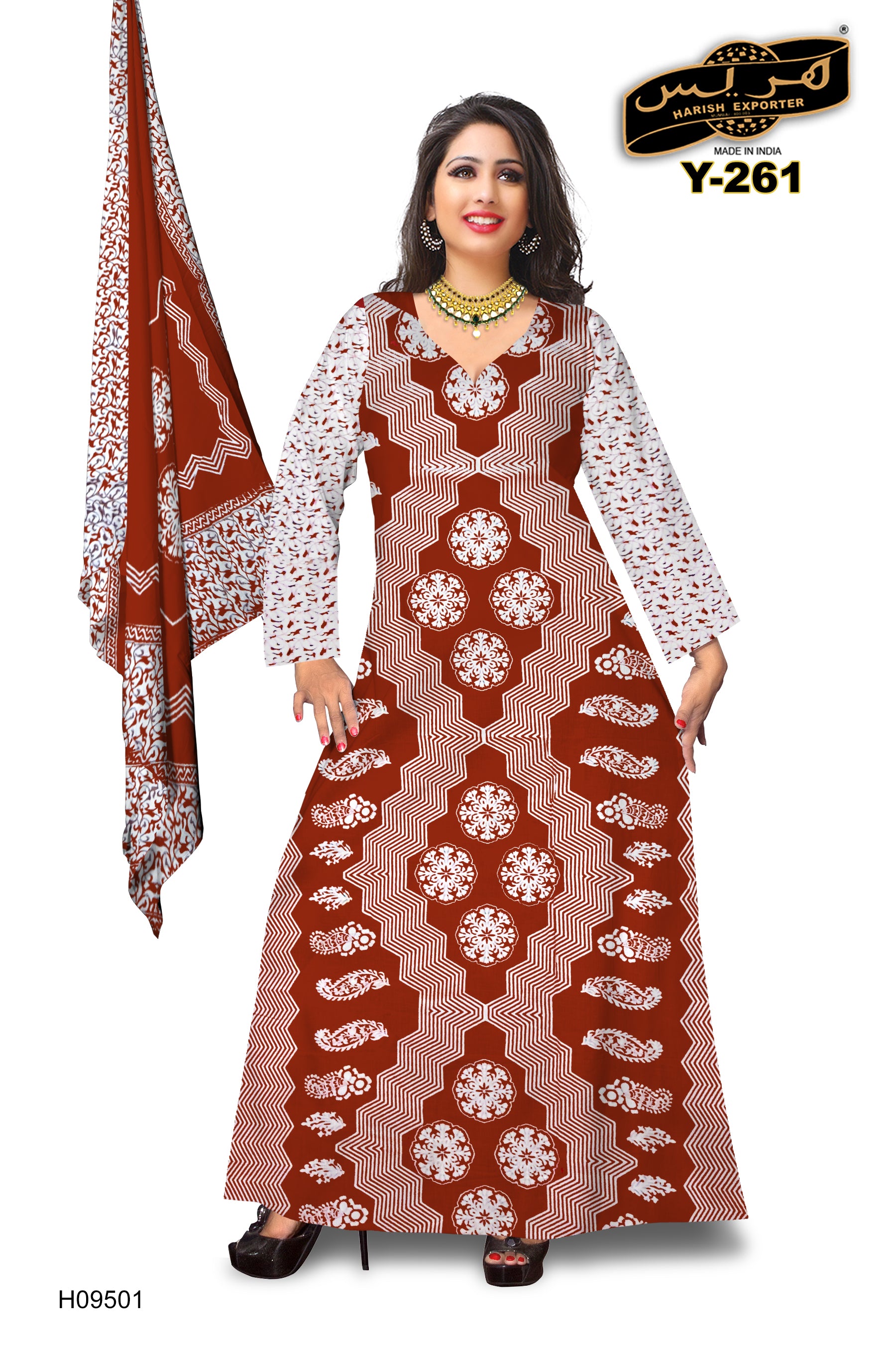 Red Mix Printed Cotton Gown with White Sleeves – Elegant & Stylish Y-261-H09501