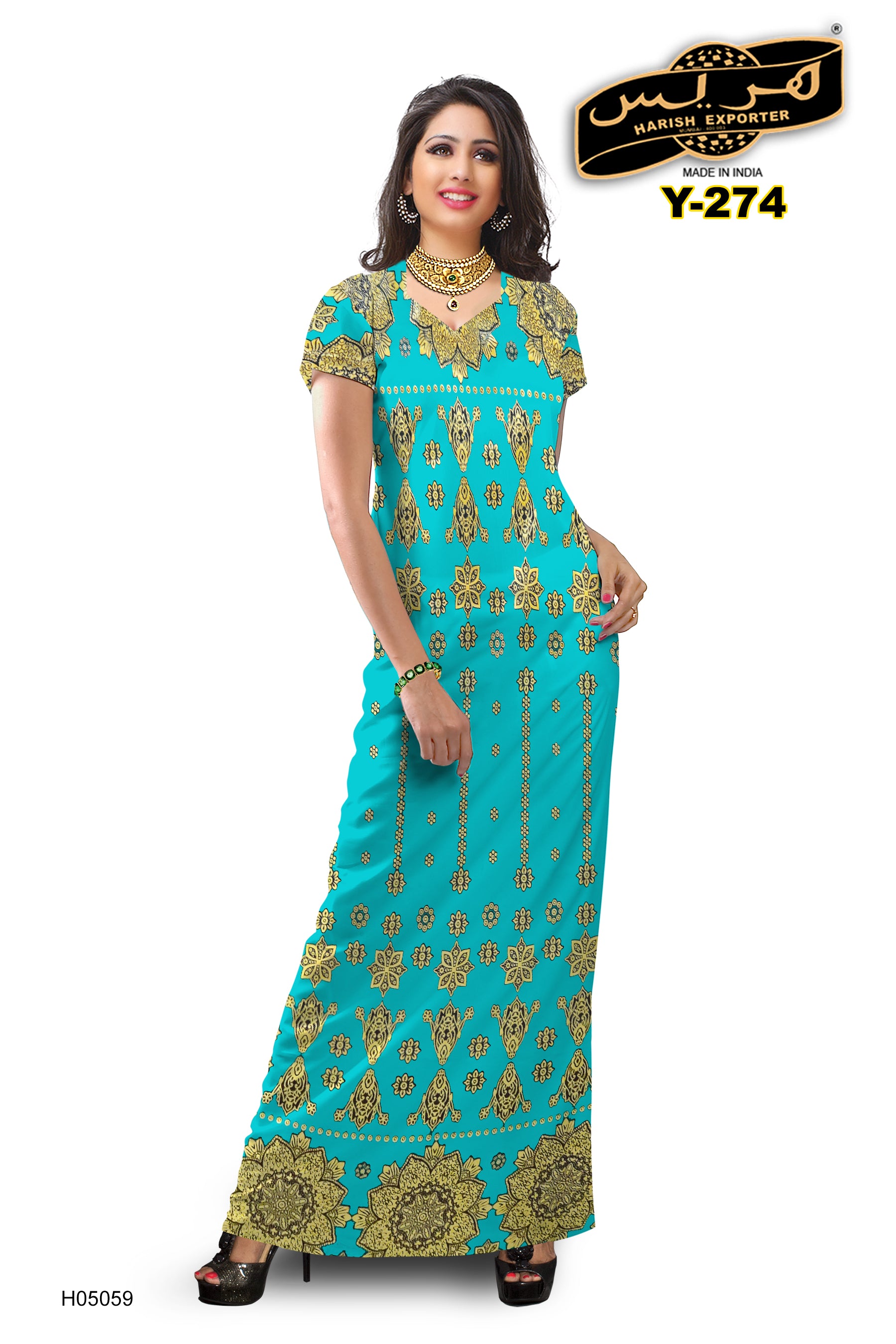 Sea Green Golden Embroidered Cotton Nighty – Elegant & Luxurious Y-274-H05059