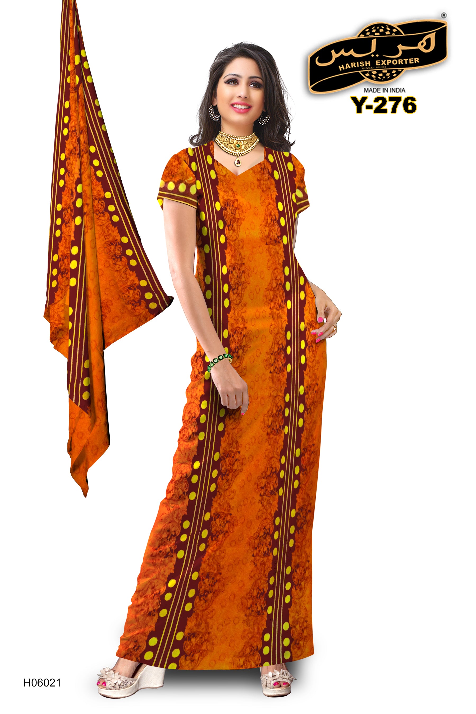 Orange Mix Pattern Cotton Maxi Dress – Vibrant & Comfortable Y-276