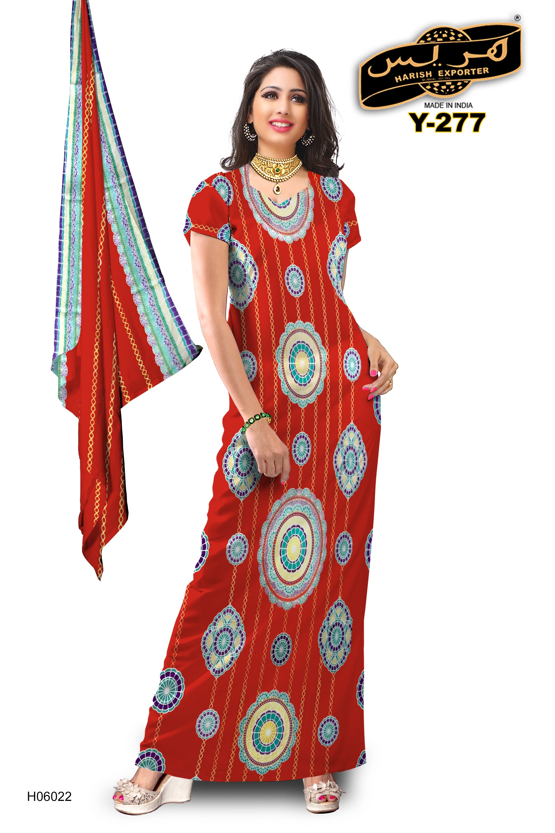 Cotton Red & Gray Mix Pattern Maxi Dress – Stylish & Cozy Y-277