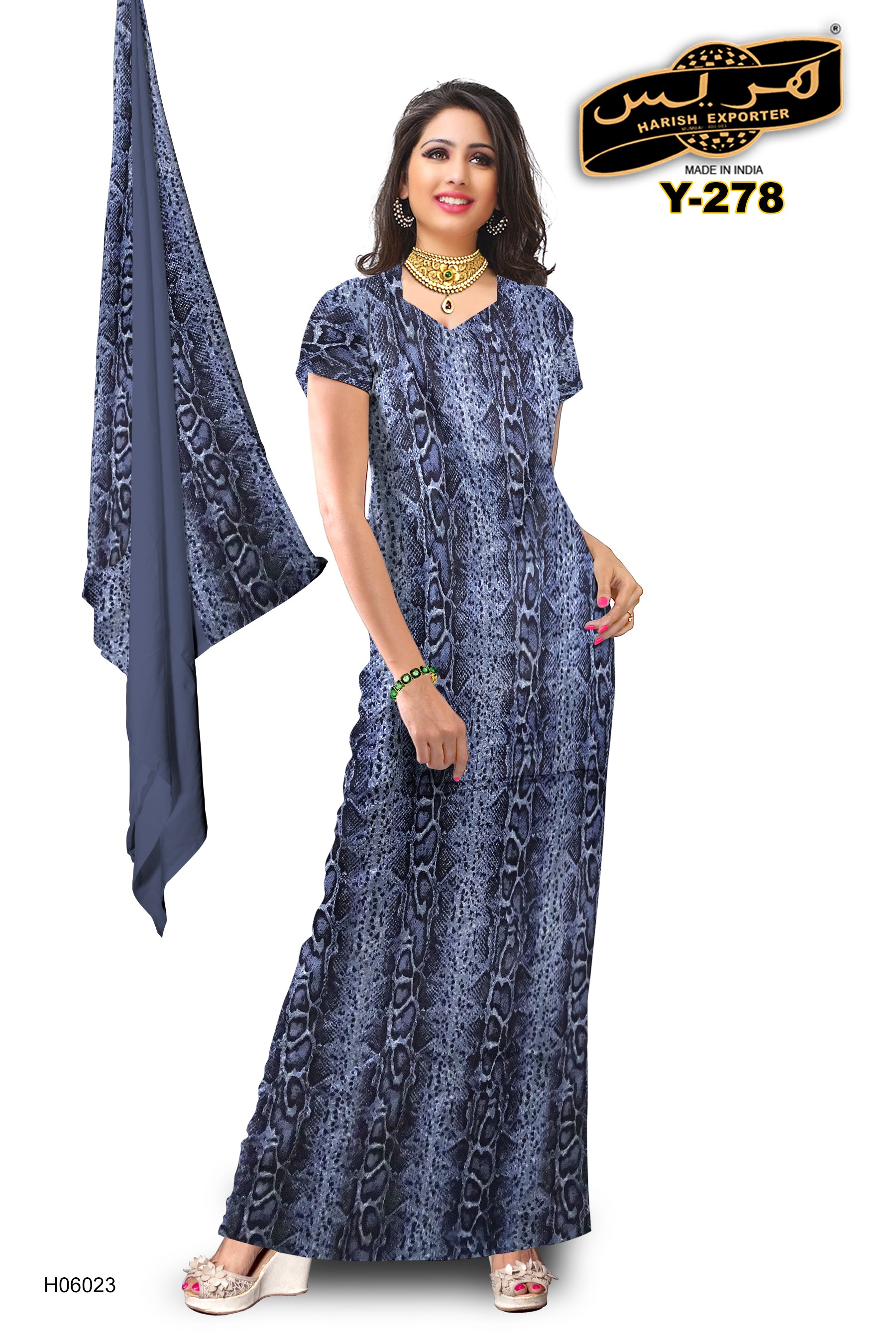 Blue Grayish Mix Pattern Cotton Maxi Dress – Elegant & Comfortable Y-278