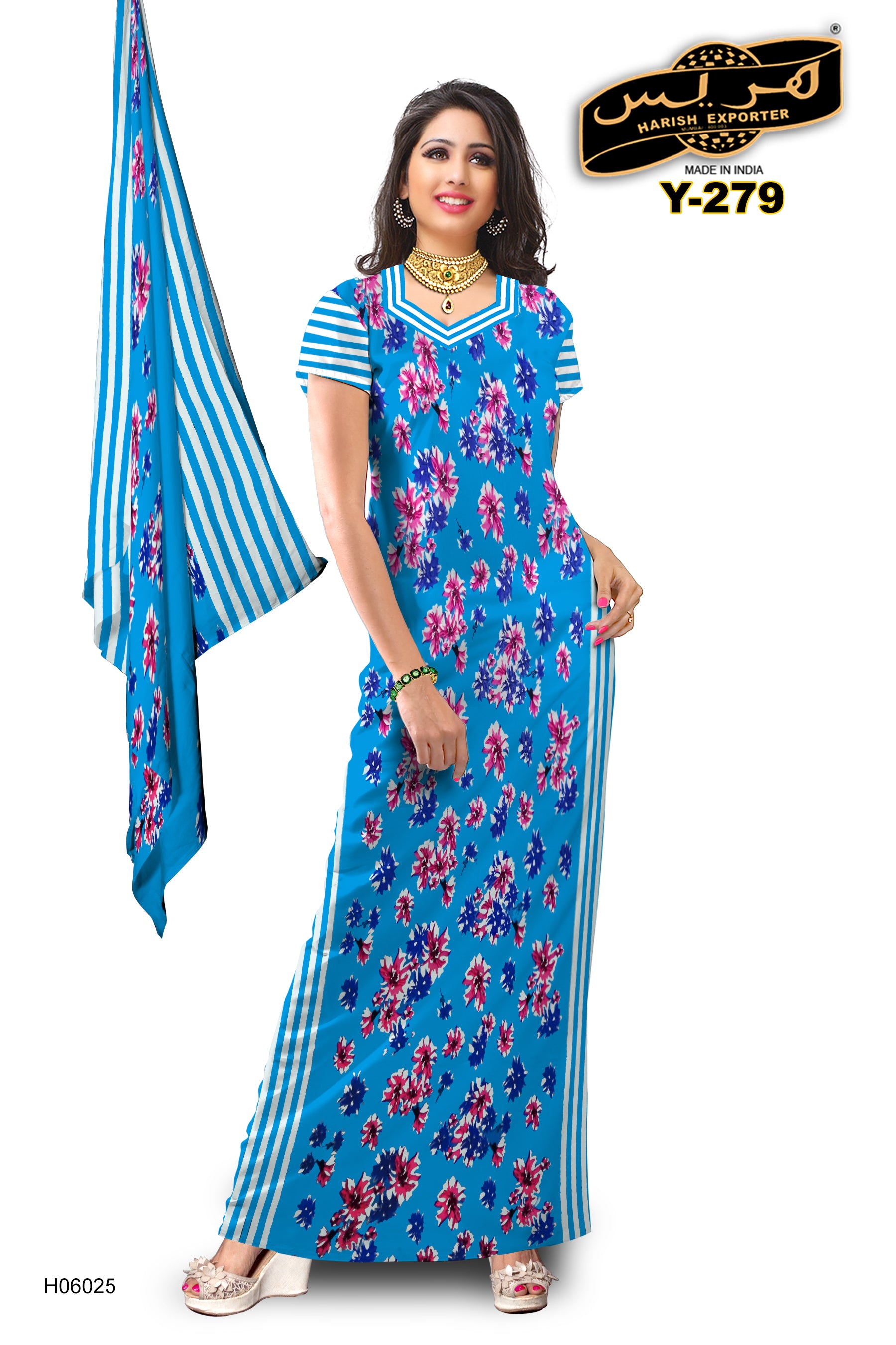 Blue Floral Design Cotton Maxi Dress – Elegant & Comfortable Y-279