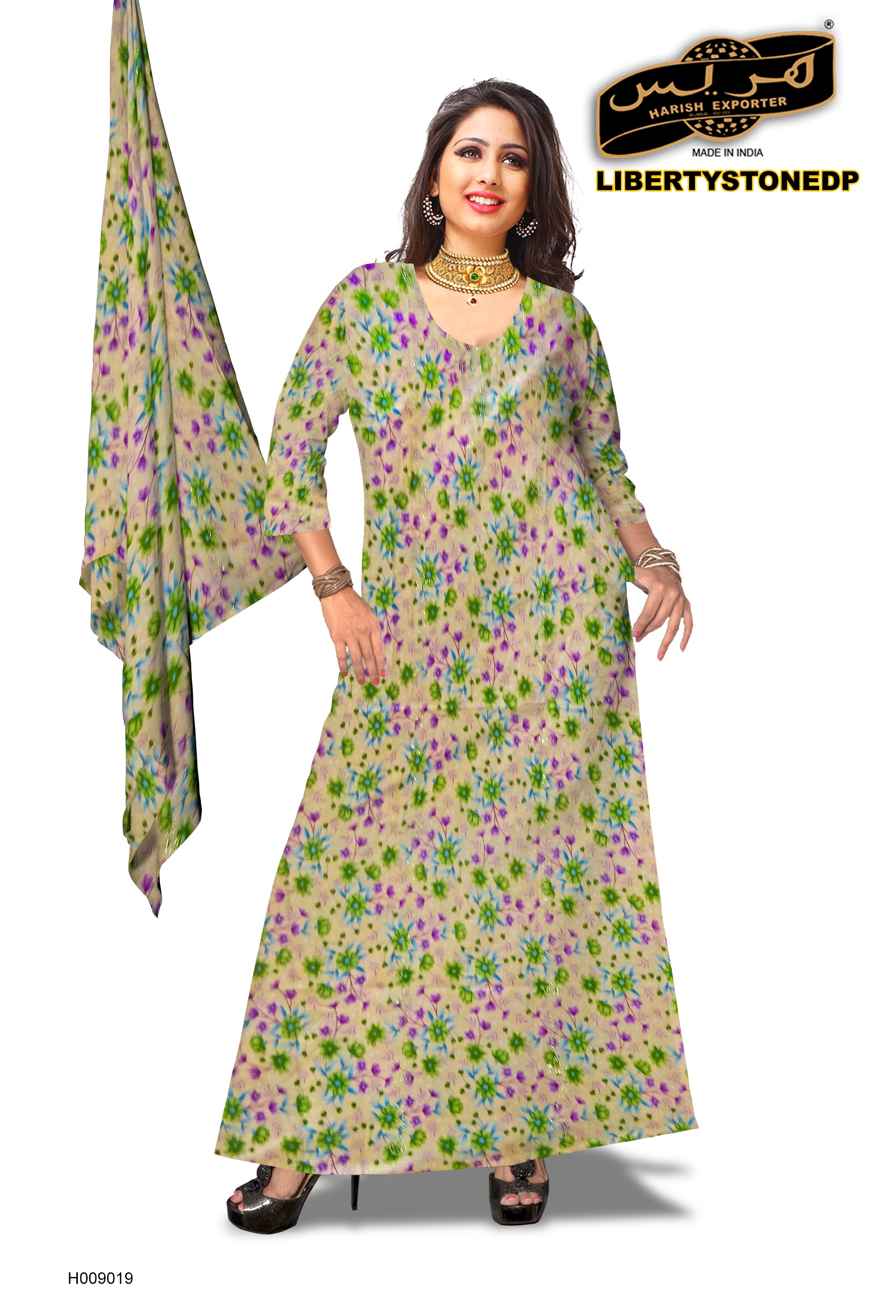 Green Mix Pattern Designer Wear Cotton Kaftan H009019