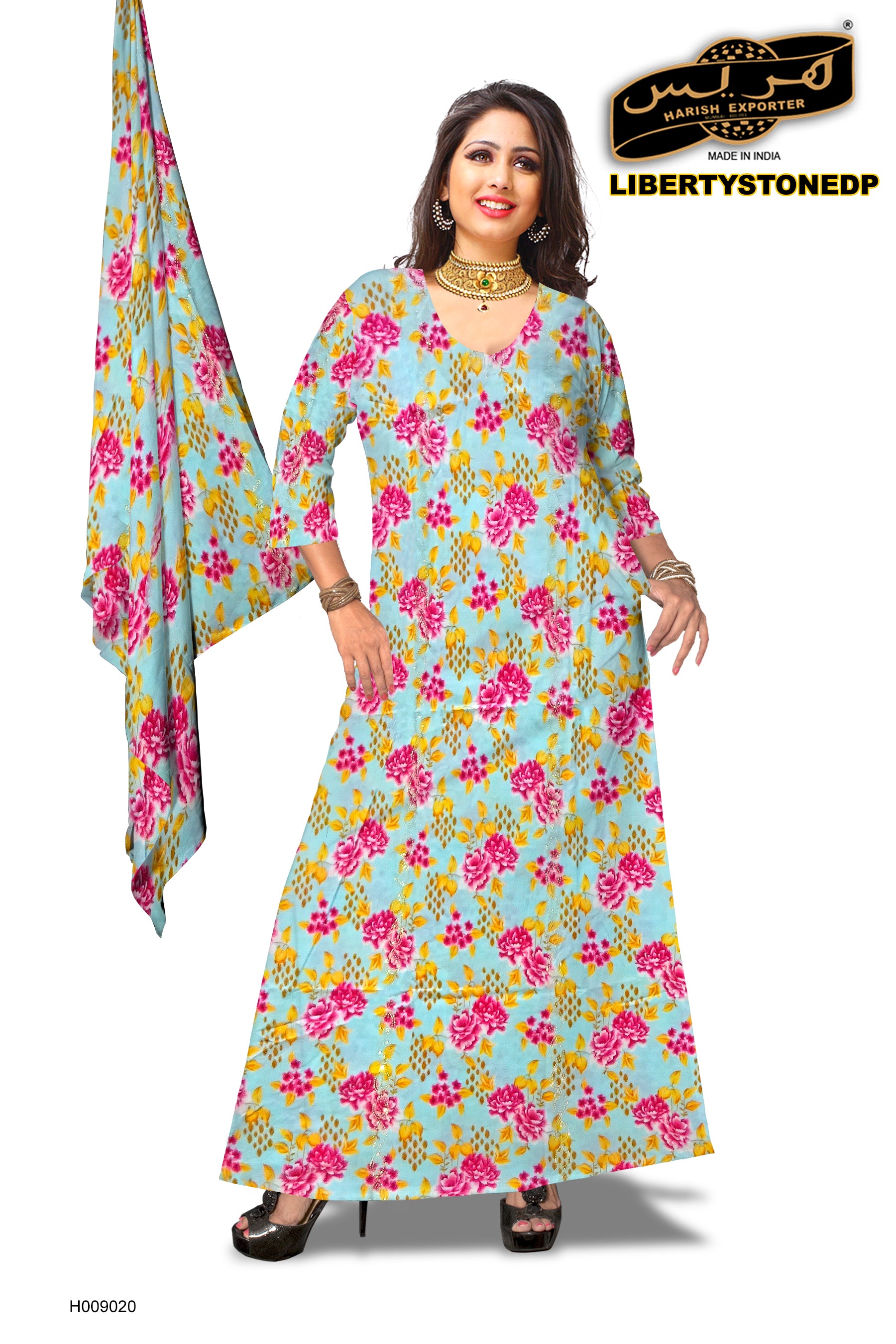 Sea Green Floral Design Mix Pattern Cotton Kaftan H009020