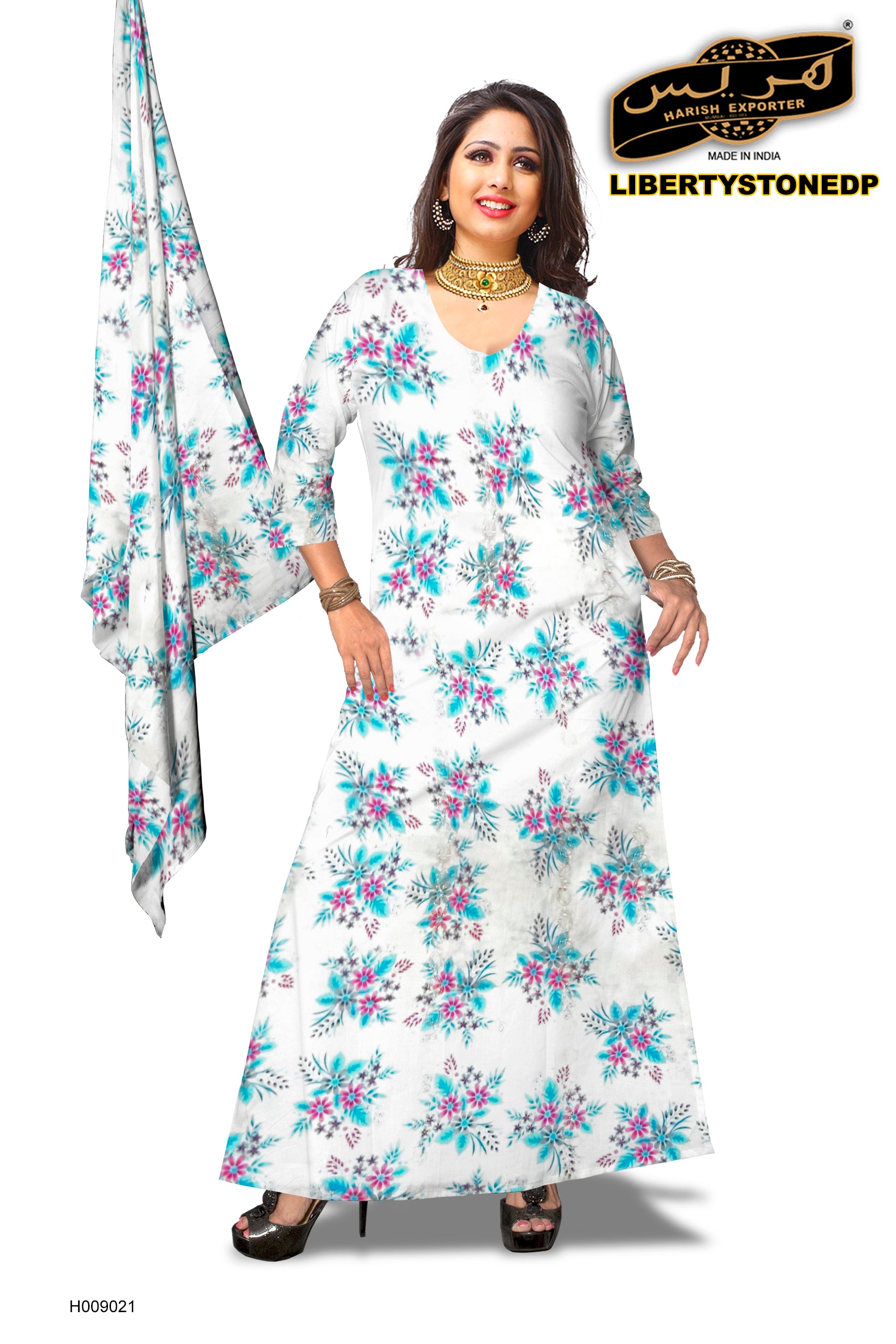 White Floral Design Cotton Kaftan H009021