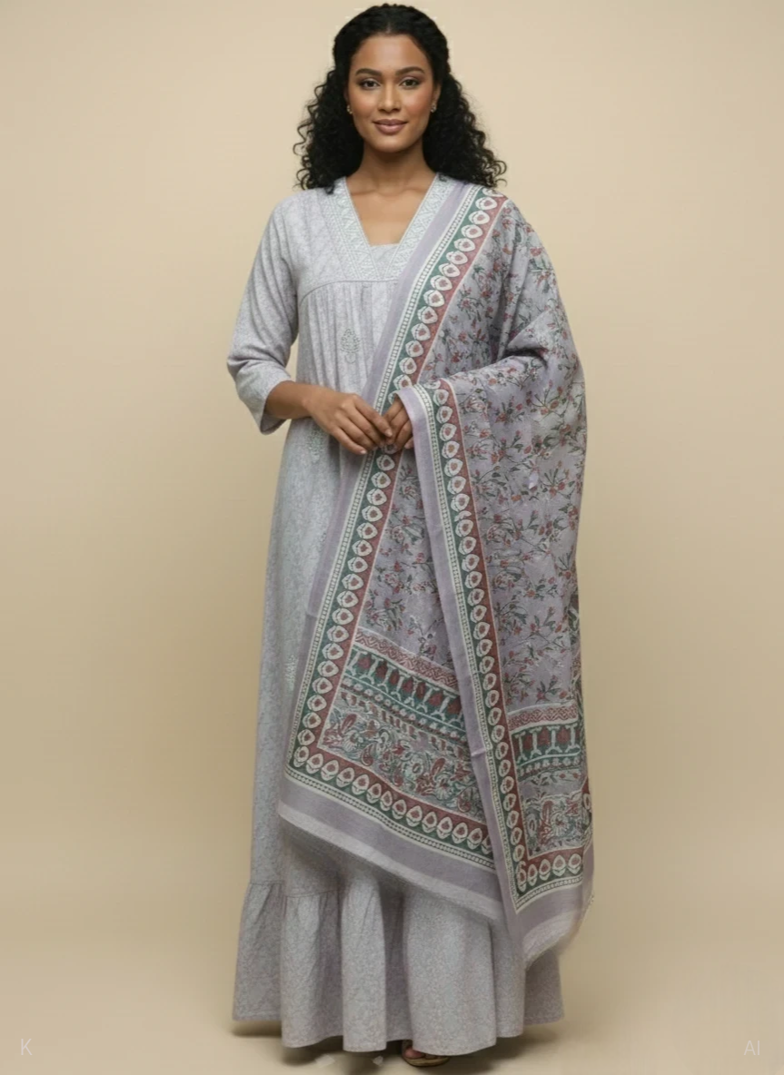 Soft Grey Floral Embroidered Cotton Kaftan BK-342-DP-CMB