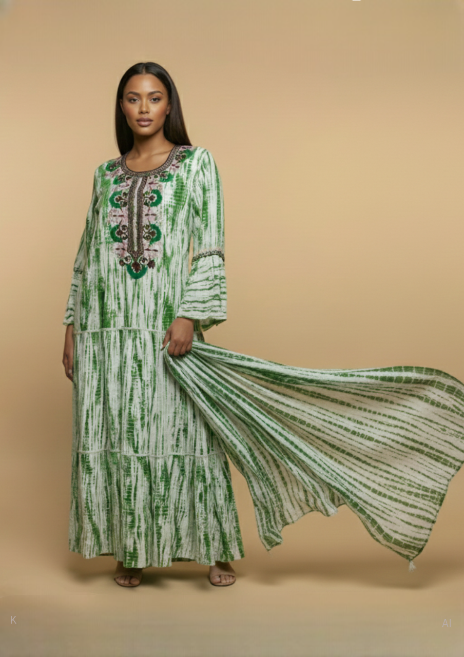 Tie-Dye Green & White Cotton Kaftan With Embroidered PS-400 DP