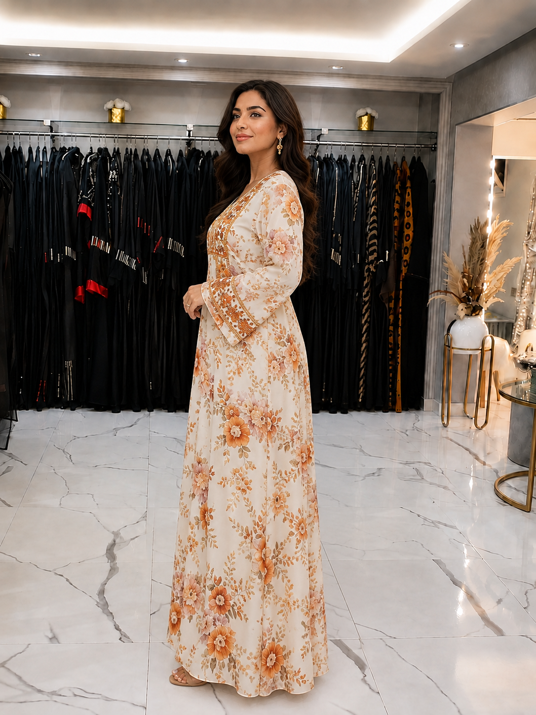 Elegant woman wearing an off-white floral Moroccan kaftan dress
