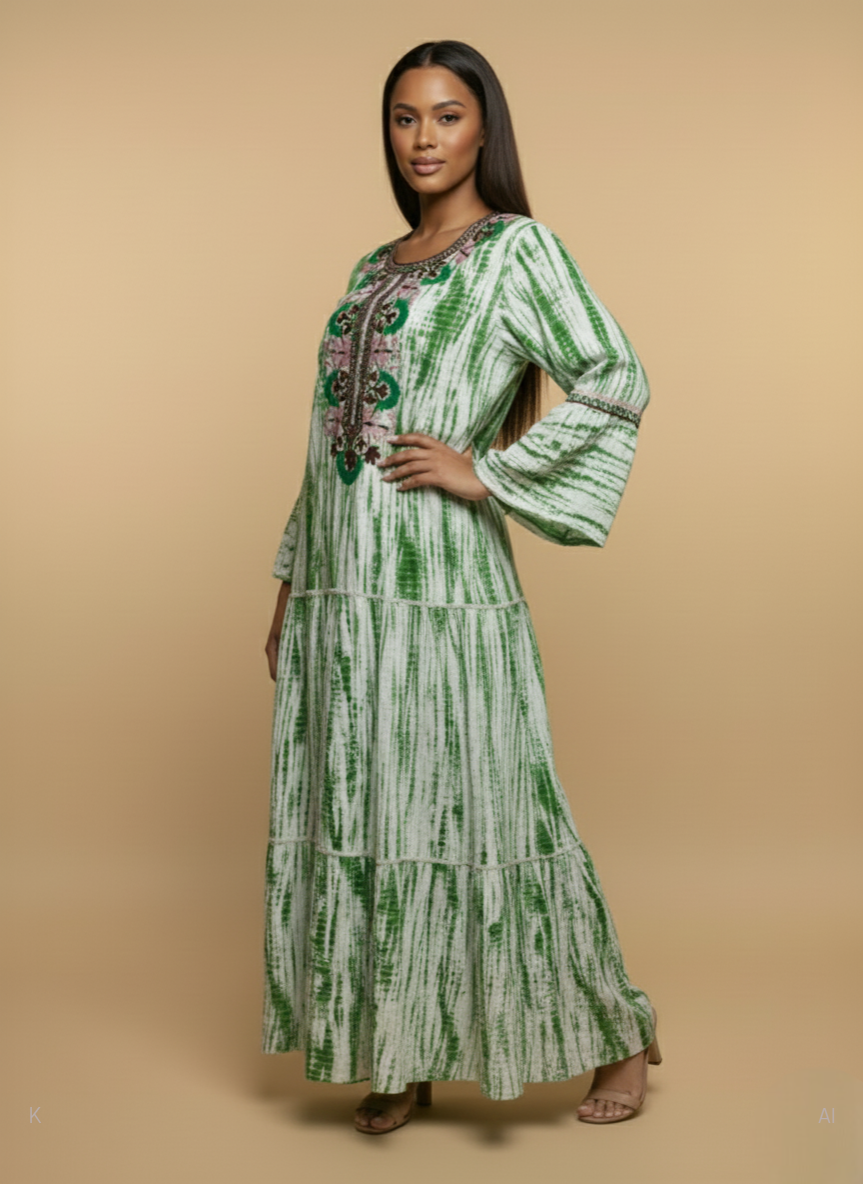 Tie-Dye Green & White Cotton Kaftan With Embroidered PS-400 DP
