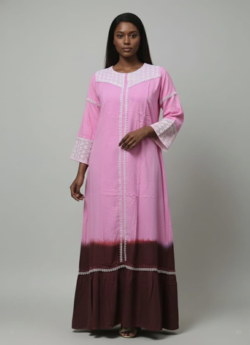 Pink & Brown Rayon Kaftan with Lace-Embroidered MF-2460 DP