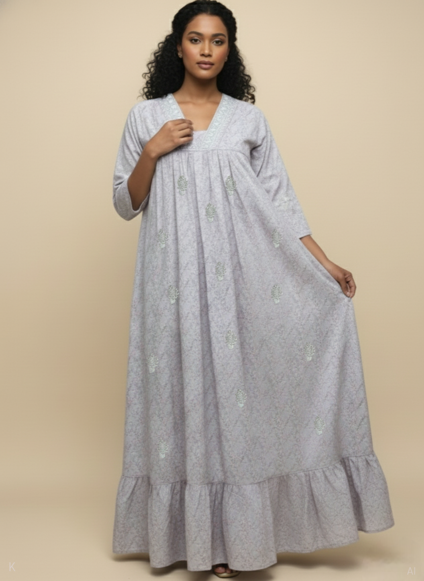 Soft Grey Floral Embroidered Cotton Kaftan BK-342-DP-CMB
