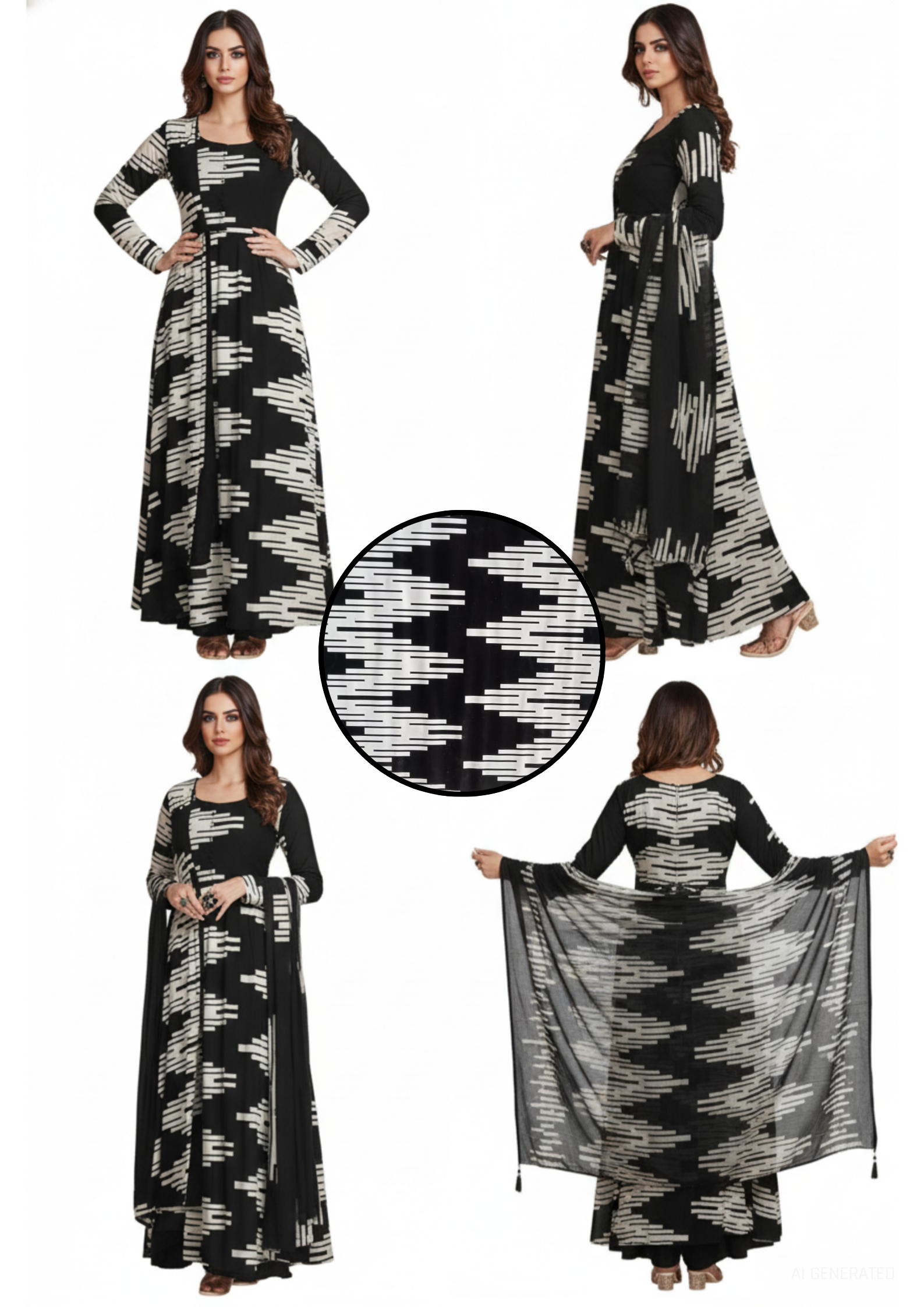 Stylish Black & White Linear Design Printed Fabric With Dupatta