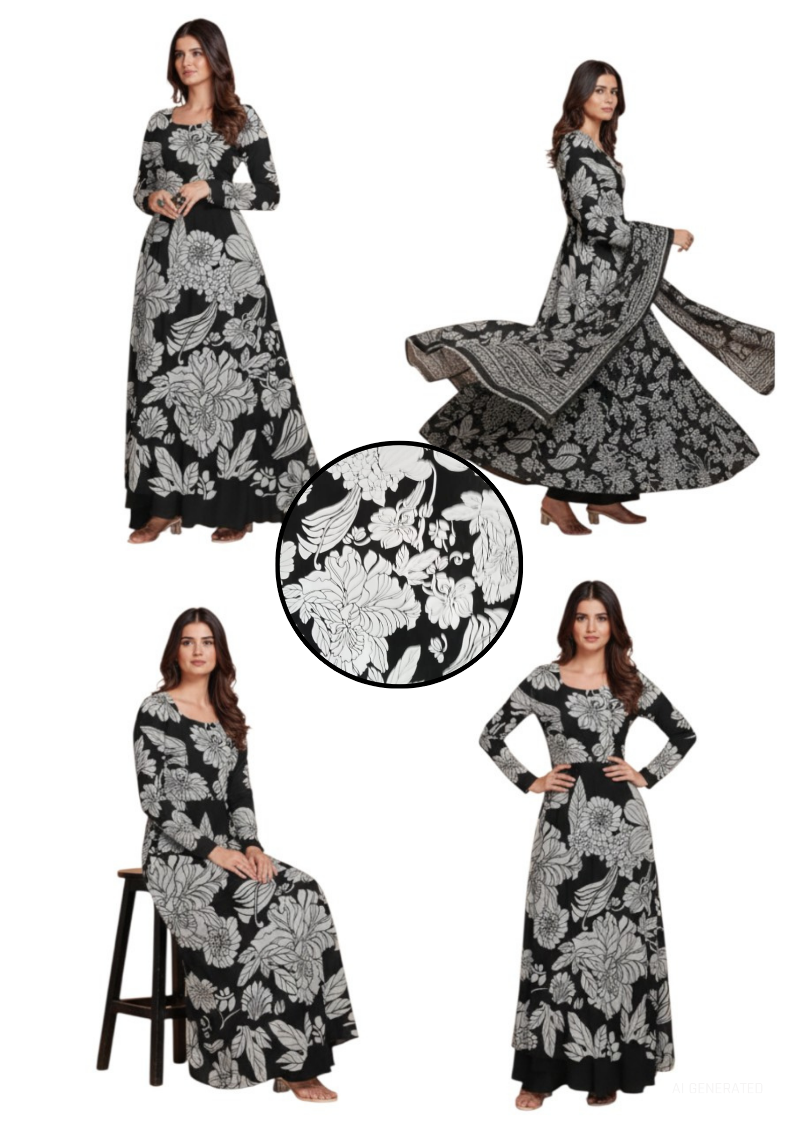 Black & White Floral Printed Cotton Fabric With Dupatta