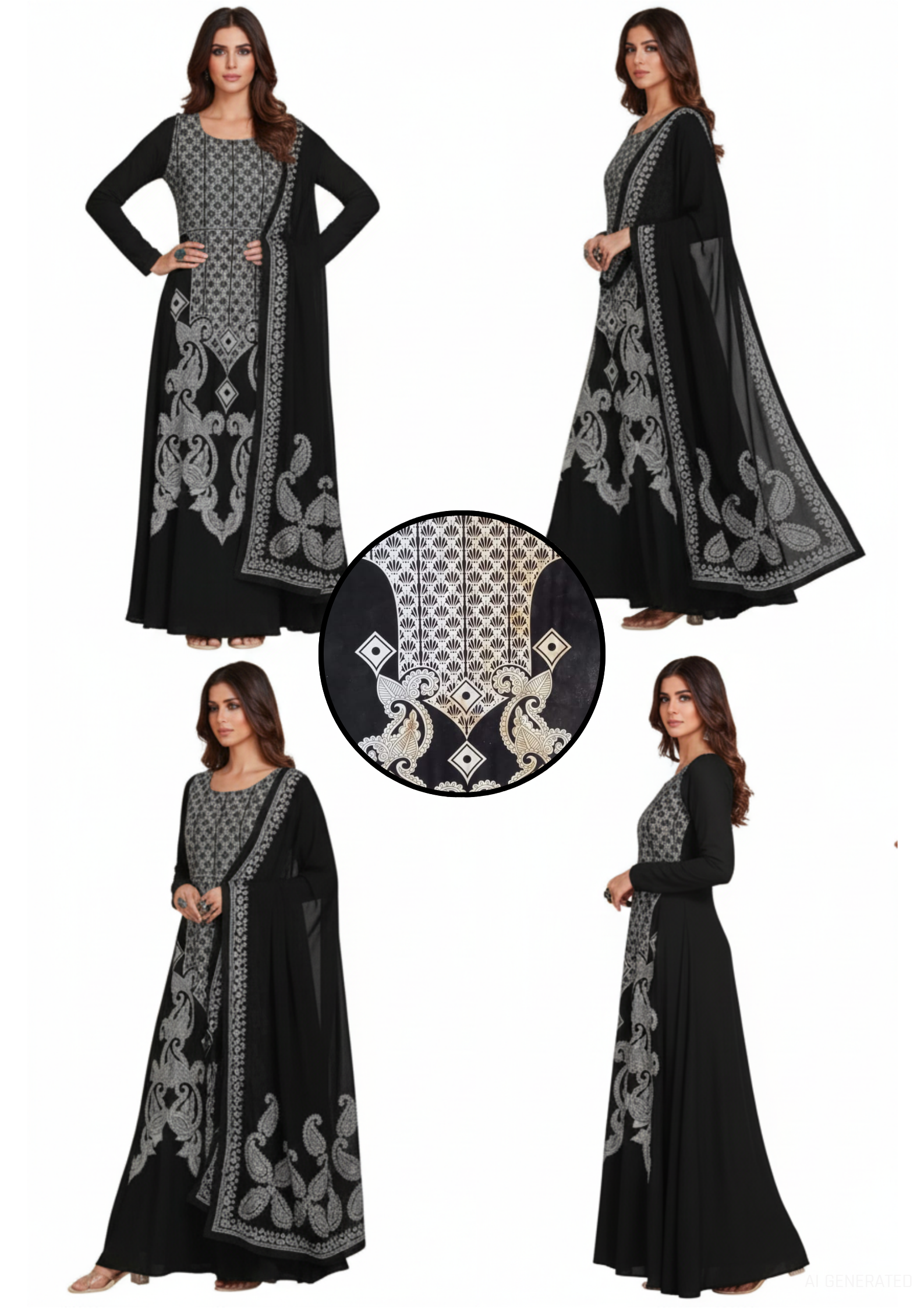 Elegant Black & White Classic Printed Cotton Fabric With Dupatta