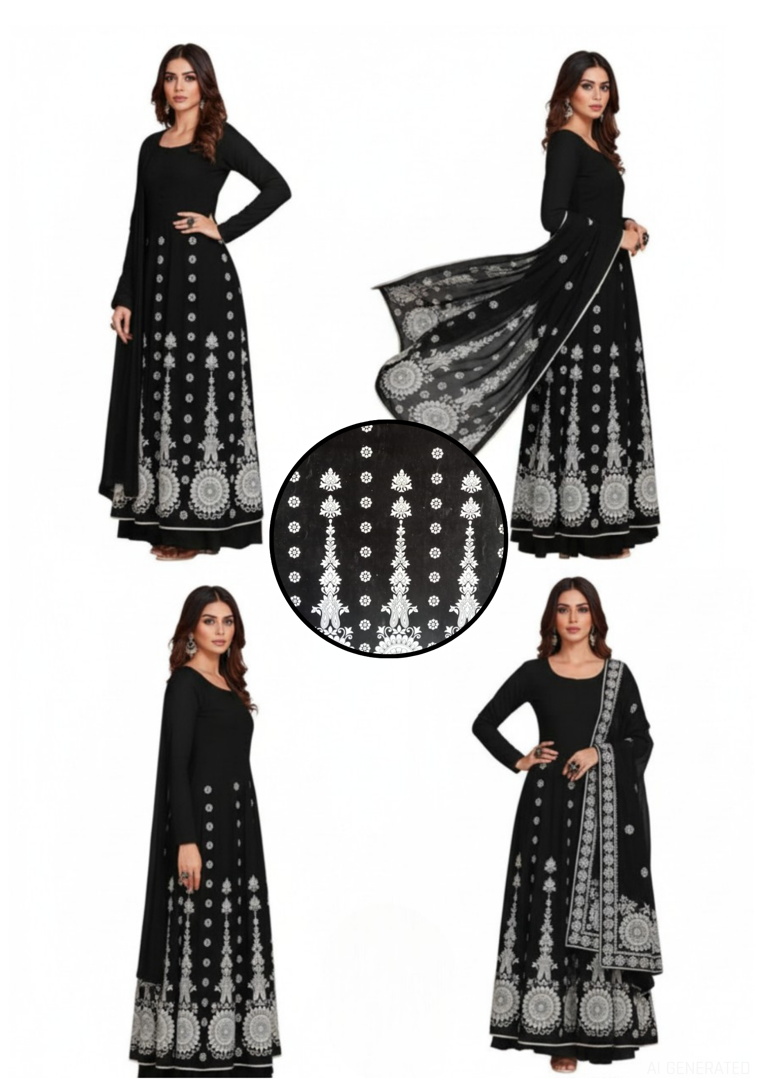 Designer Black And White Floral Detailing Printed Fabric With Dupatta