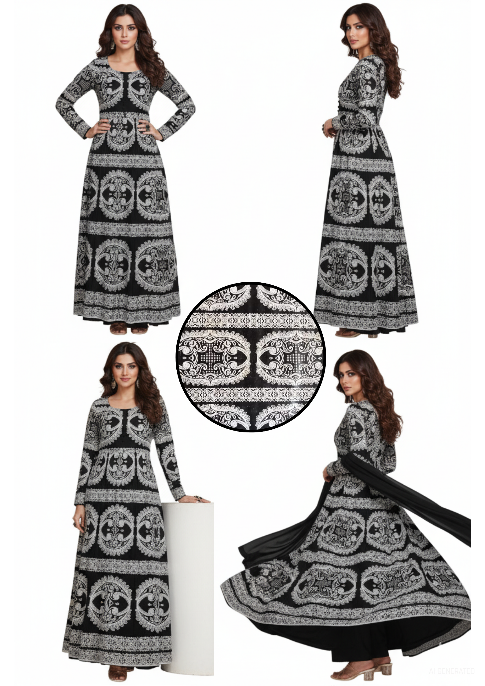 Black & White Floral Geometric Printed Pattern Cotton Fabric With Dupatta
