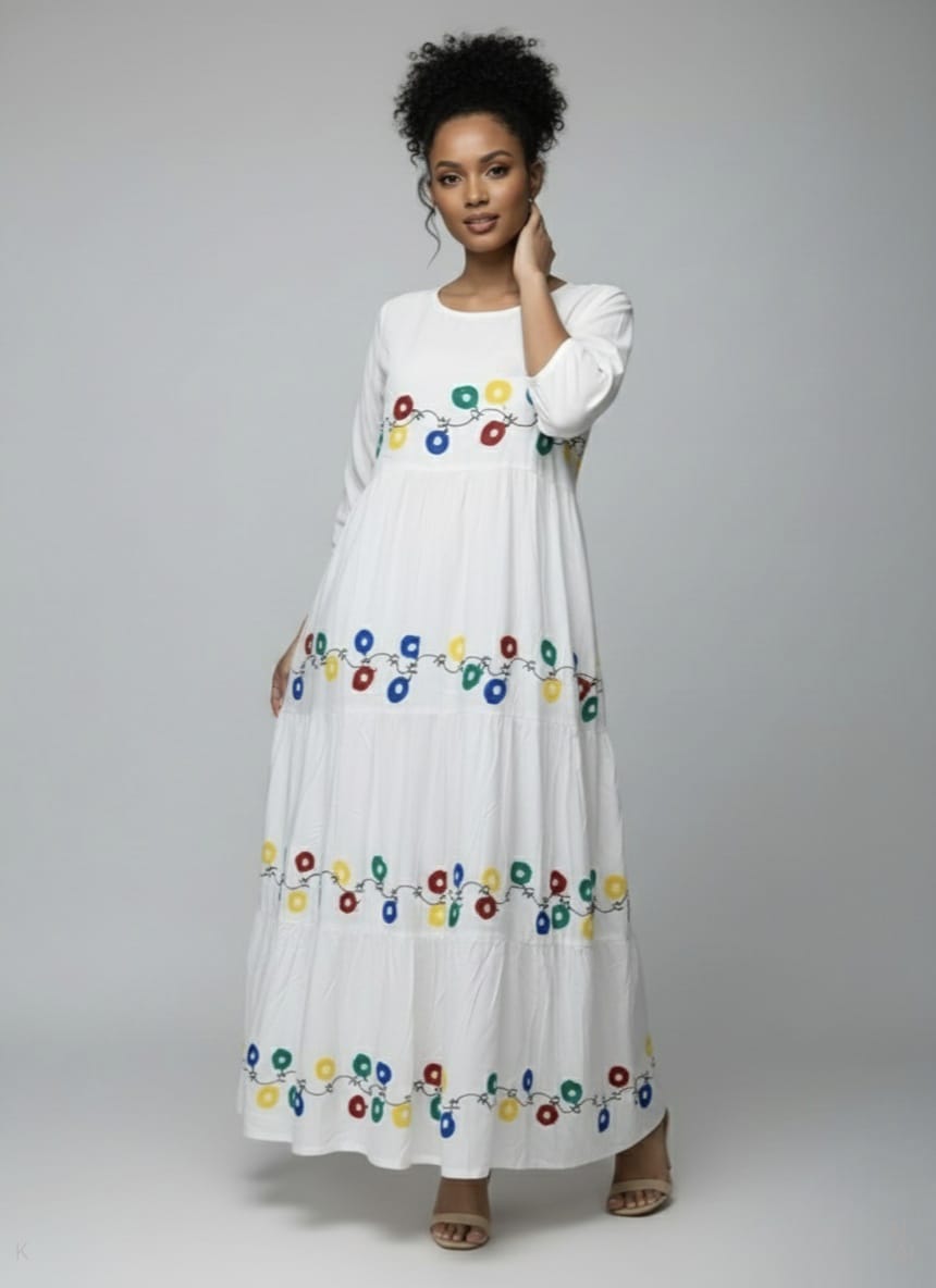 White Cotton Kaftan With Multicolor Floral Printed  MF-2182 DP