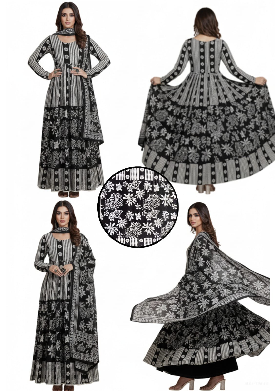 Elegant Black & White Floral Printed Cotton Fabric With Dupatta