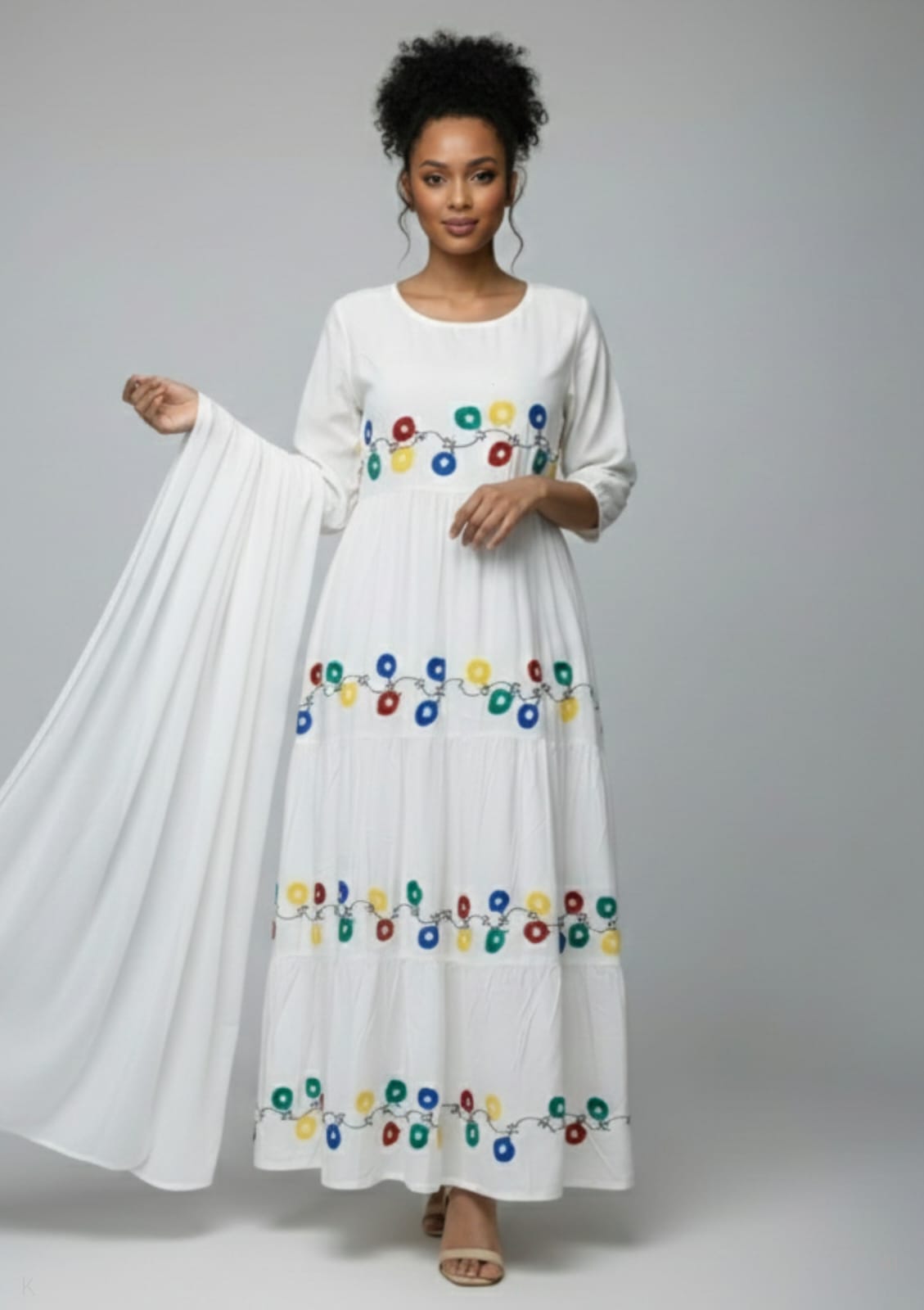 White Cotton Kaftan With Multicolor Floral Printed  MF-2182 DP