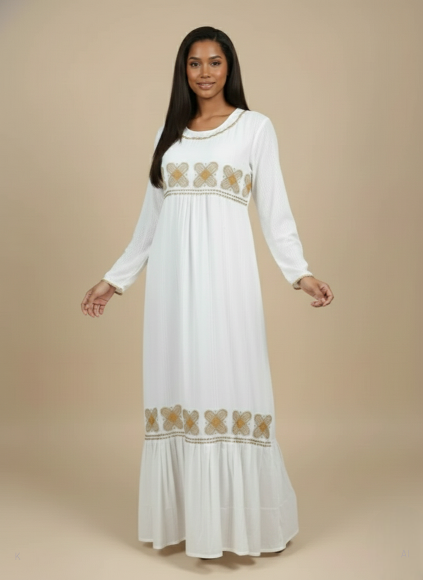 White Full Sleeve Embroidered Kaftan PS-DP-EMMA