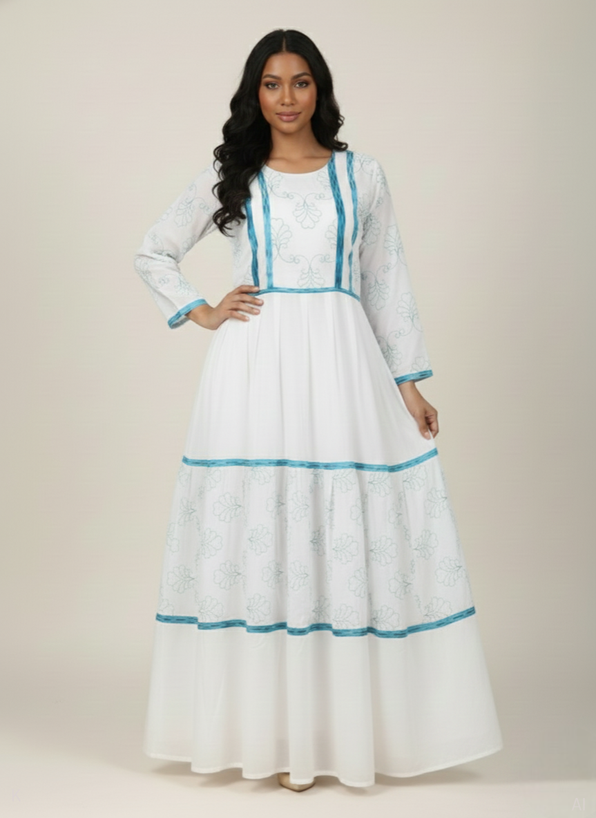 White Polyester Cotton Kaftan With Blue Floral Embroyidery PS-CHIF-EMBD-DP-RMG